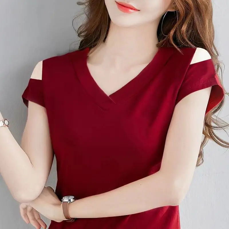 Short Sleeve Summer Thin T-Shirts Loose V-neck Pullovers Solid Simplicity Office Lady Elegant New  Casual Women\'s Clothing 2023