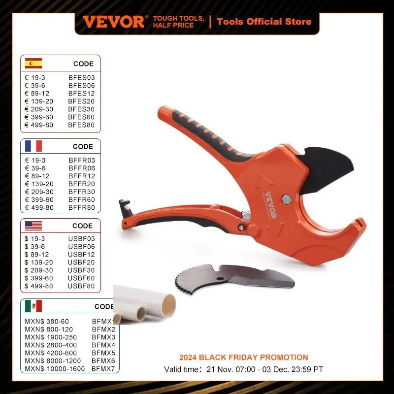 VEVOR PVC Pipe Cutter Ratcheting Tube Cutter Heavy Duty Tube Cutting Tool with Spare SK5 Blade for PVC PEX Rubber Plastic Hoses