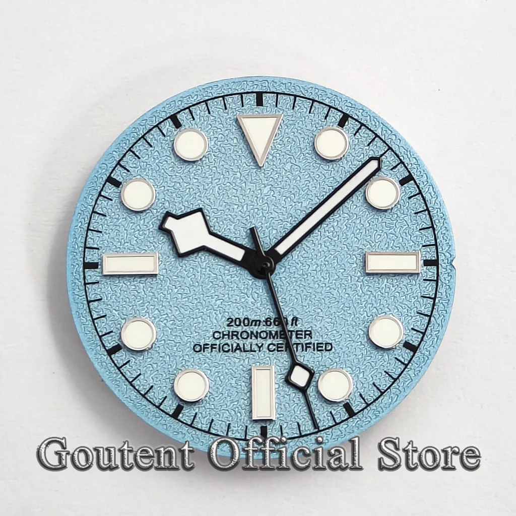 Goutent 28.5mm Textured Ice Blue Sterile Diver Dial+hand Fit NH35 NH36 Miyota8205 8215 ETA2824 DG2813 movement Watch accessories