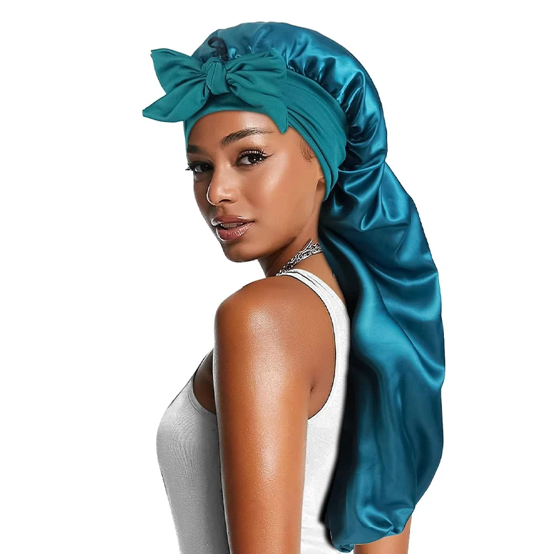 Women Satin Bonnets Adjustable Long Barrel Nightcap Solid Color Bow Lady Sleepcap Dry Hair Shower Hat Beauty And Hair Care Cap image 3