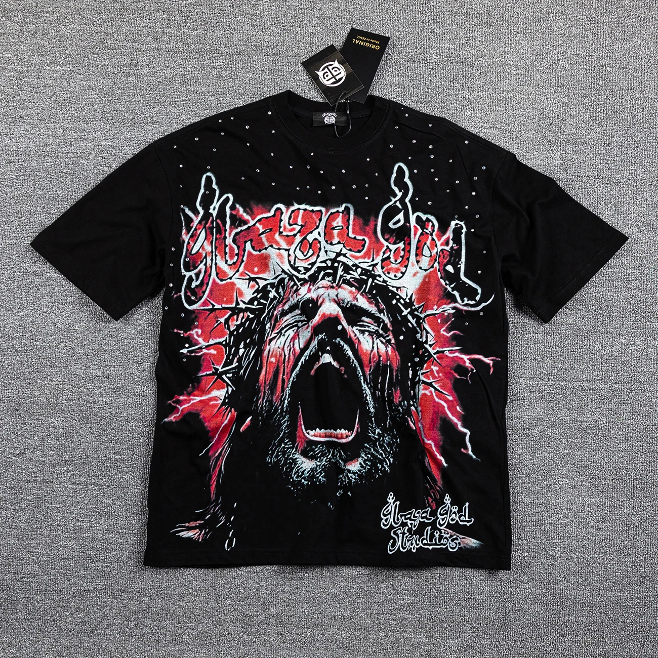 Streetwear Fashion Rhinestone Figure Graphic T‑Shirt Men and Women Oversized Black Washed Tees Tops Letter Print Casual Clothes