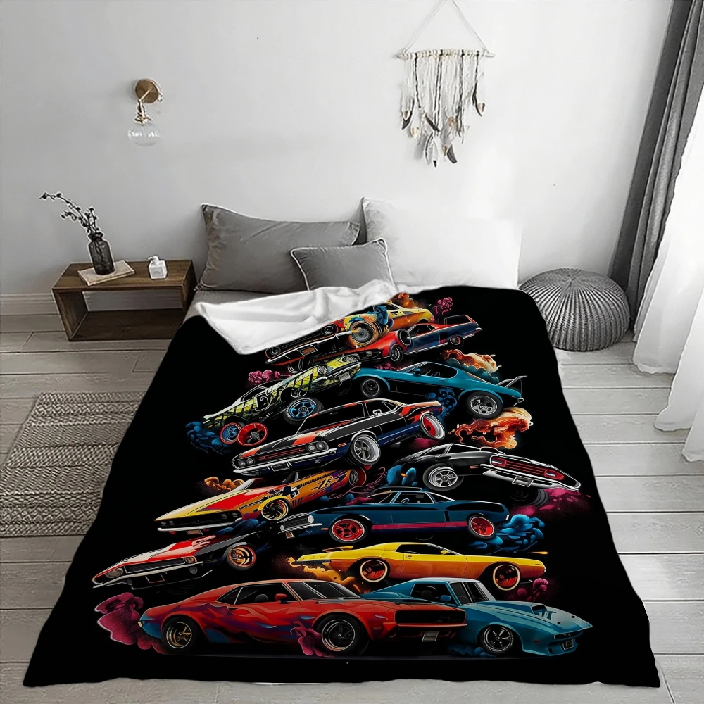 Classic Muscle Cars, Gift for Car Enthusiasts, Soft Cozy Blanket, Vibrant Vintage Auto Art, Multi-Purpose Home Decor, Warm Comfo