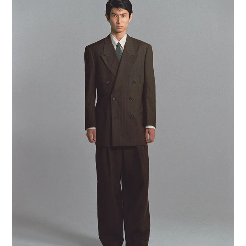 

Dark Brown Modern Minimalist Style Men Pinstripes Double-Breasted Blazer &Pants 2 Piece Set Peak Lapel Slim Fit Office Party