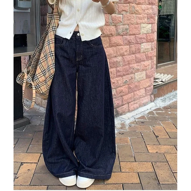 Vintage Women Deep Blue Loose Jeans Chic Casual Y2K High Waisted Wide Leg Denim Straight Pants All Match Street Baggy Trousers