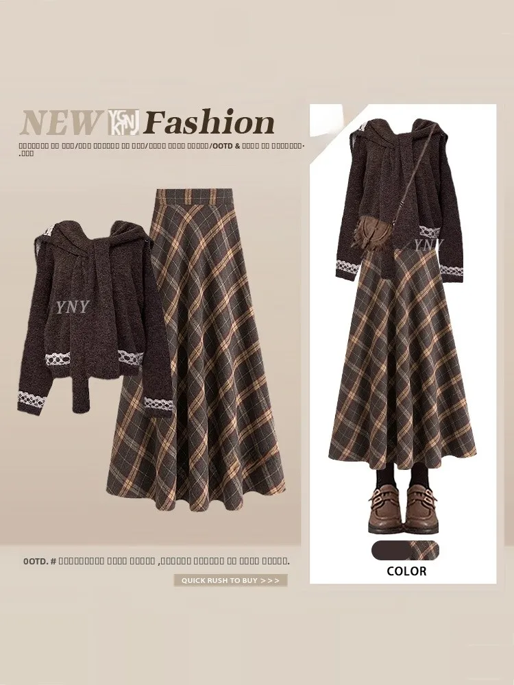 Conjunto de falda a cuadros Retro para mujer, Poncho con cuello azul marino y Color de invierno, suéter superpuesto, conjunto completo a juego Vintage Sle