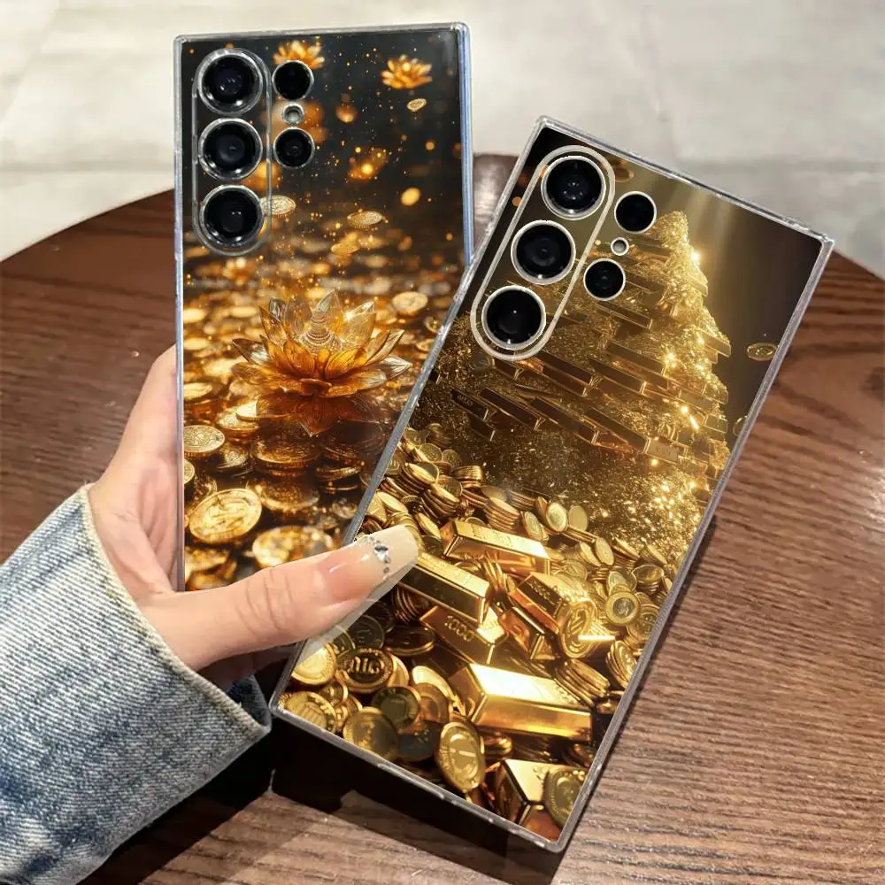 

Gold Cash Art Phone Case For SamsungS25,24,21,22,23,30,Ultra,20,Plus,Fe,Lite,Note,10,9,5G Transparent Cover