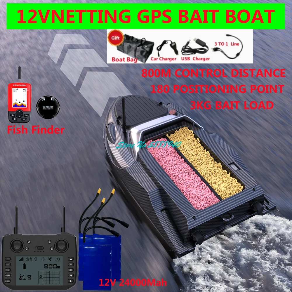 800M 12V High Speed GPS Return Sonar Fish Finder RC Fishing Bait Boat 9Fishing Ground 180 Anchor Points Remote Control Bait Boat