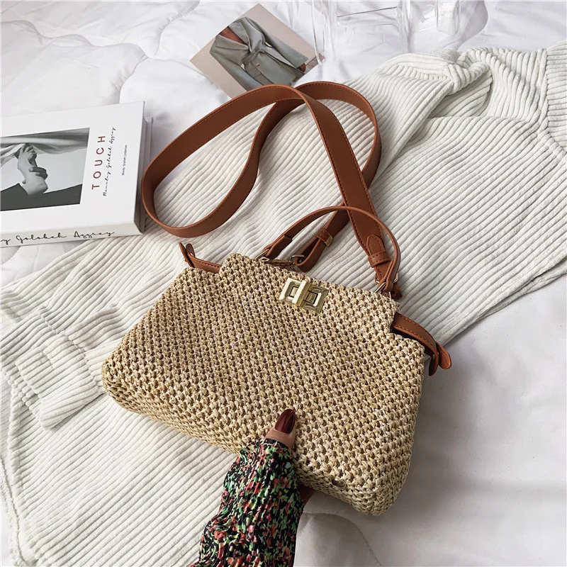 Stylish Knitted Straw Crossbody Bag For Women Woven Design Shoulder Handbag Female Summer Braid Beach Bag Travel Tote 2023 Trend