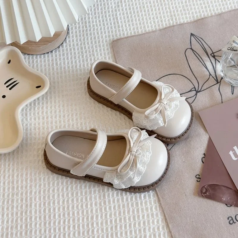 Little Girls Lace Bow Mary Jane Flats Hook and Loop Strap Cute Princess Dress Shoes for Wedding Party Daily Casual Footwear New
