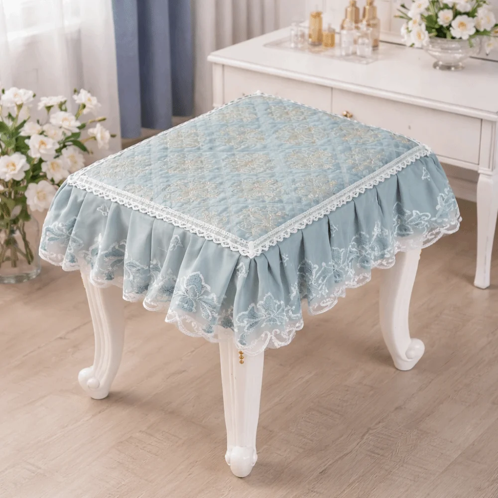 Floral Pattern Makeup Stool Cover Thick Floral Ruffled Seat Chair Slipcover Washable Full-Coverage Seat Cushion Protector