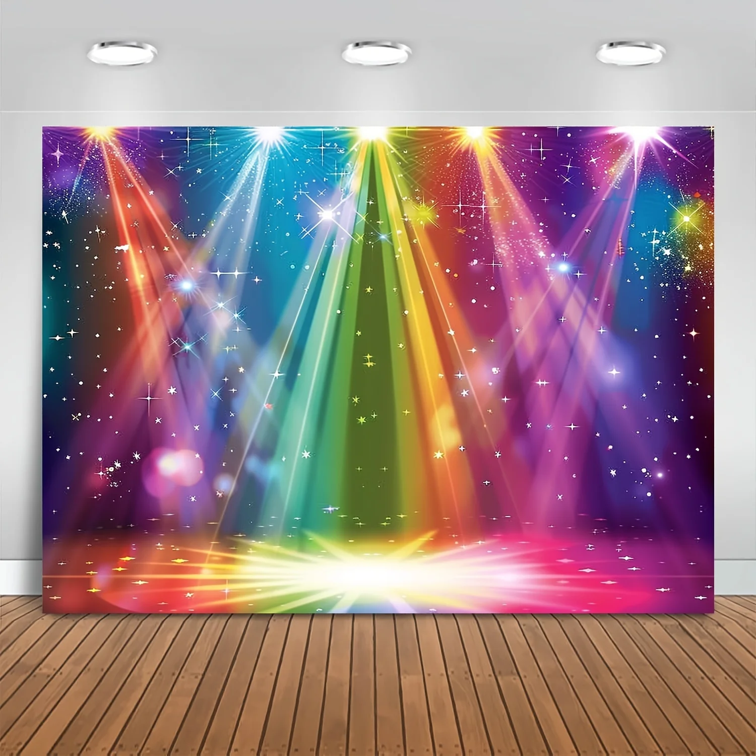 Rainbow stage photography background, birthday disco rock music glow neon dance party Carnival photo booth props