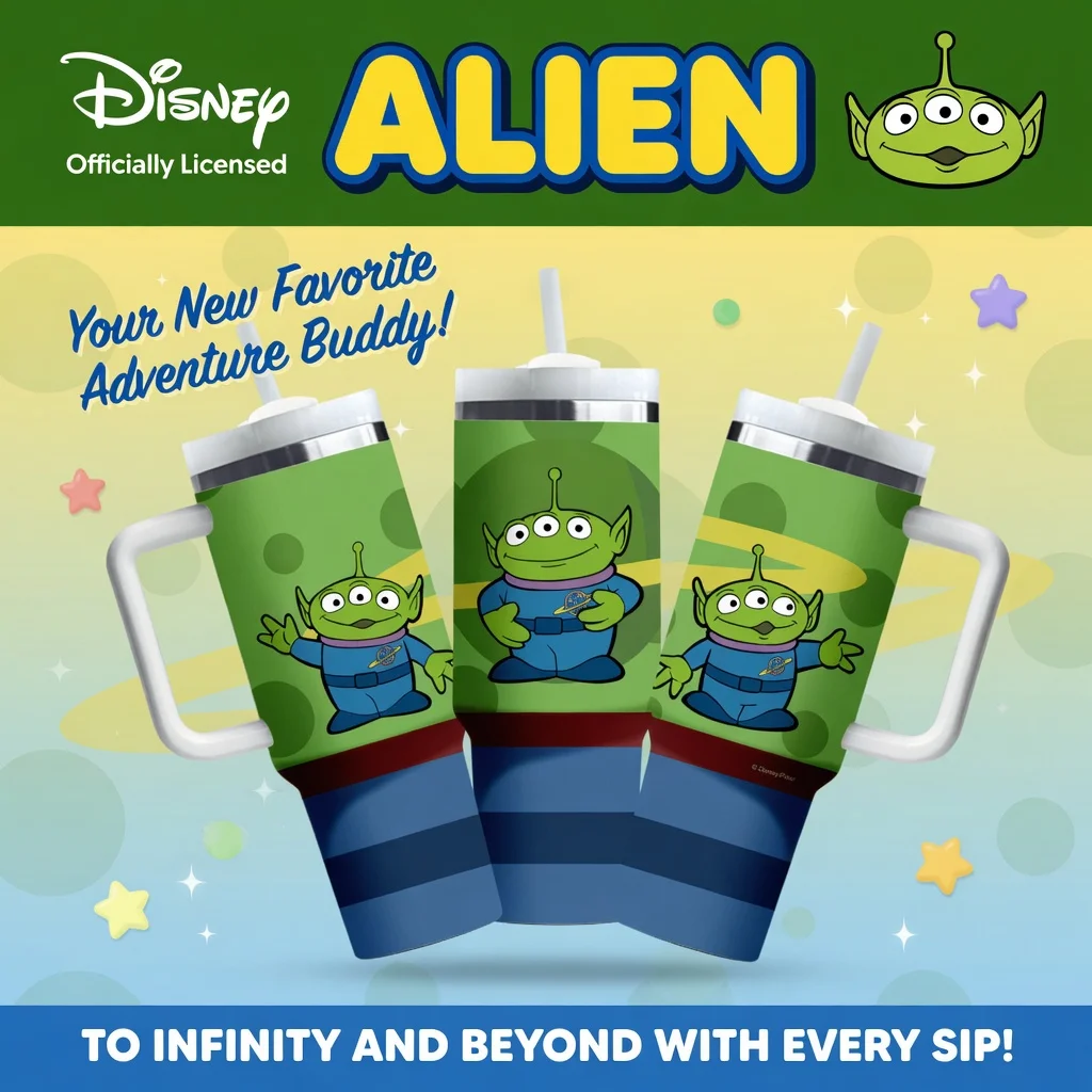 1pc 40oz Disney Toy Story Alien Stainless Steel Tumbler with Handle Straw Insulated Travel Coffee Mug Cute Cartoon Water Bottle