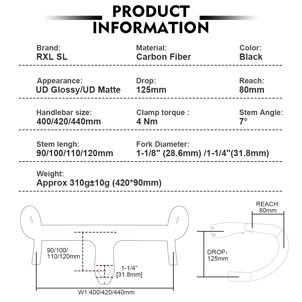 RXL SL-Bicycle Carbon Handlebars, Road Bike, Gravel, Integrated Handlebar, Support OD2 28.6/31.8, Bicycle Handle Bar, Cycling