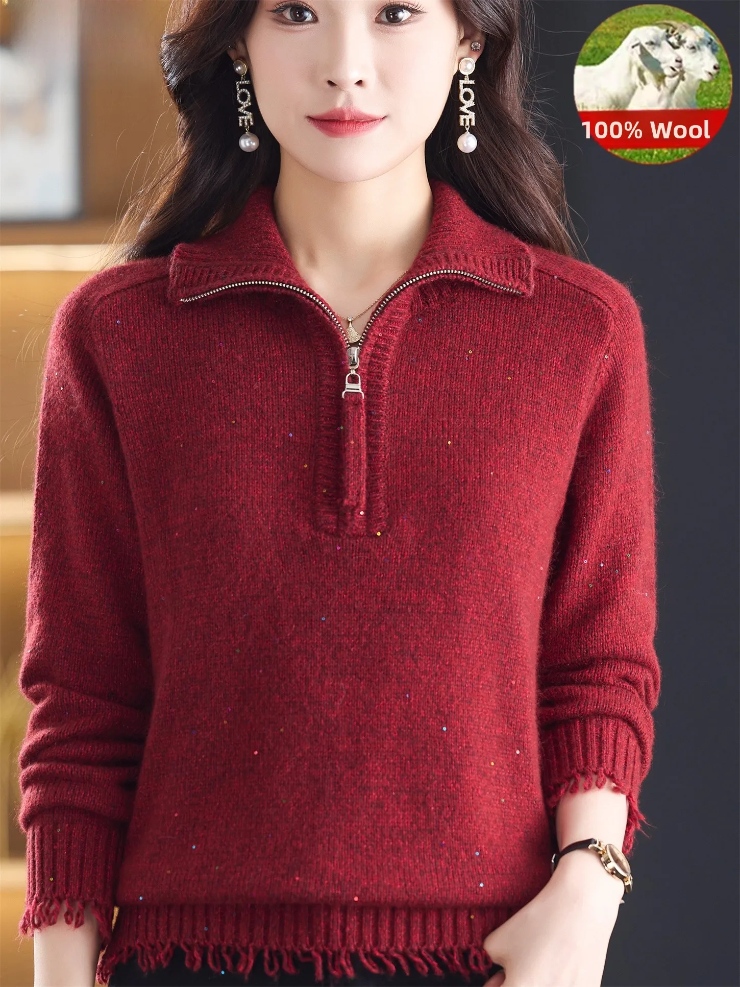 

Теплый вязаный свитер из чистой шерсти с молнией для мамы, осень-зима, новый модный свободный крой, цвет смолы, крепление с кисточкой...