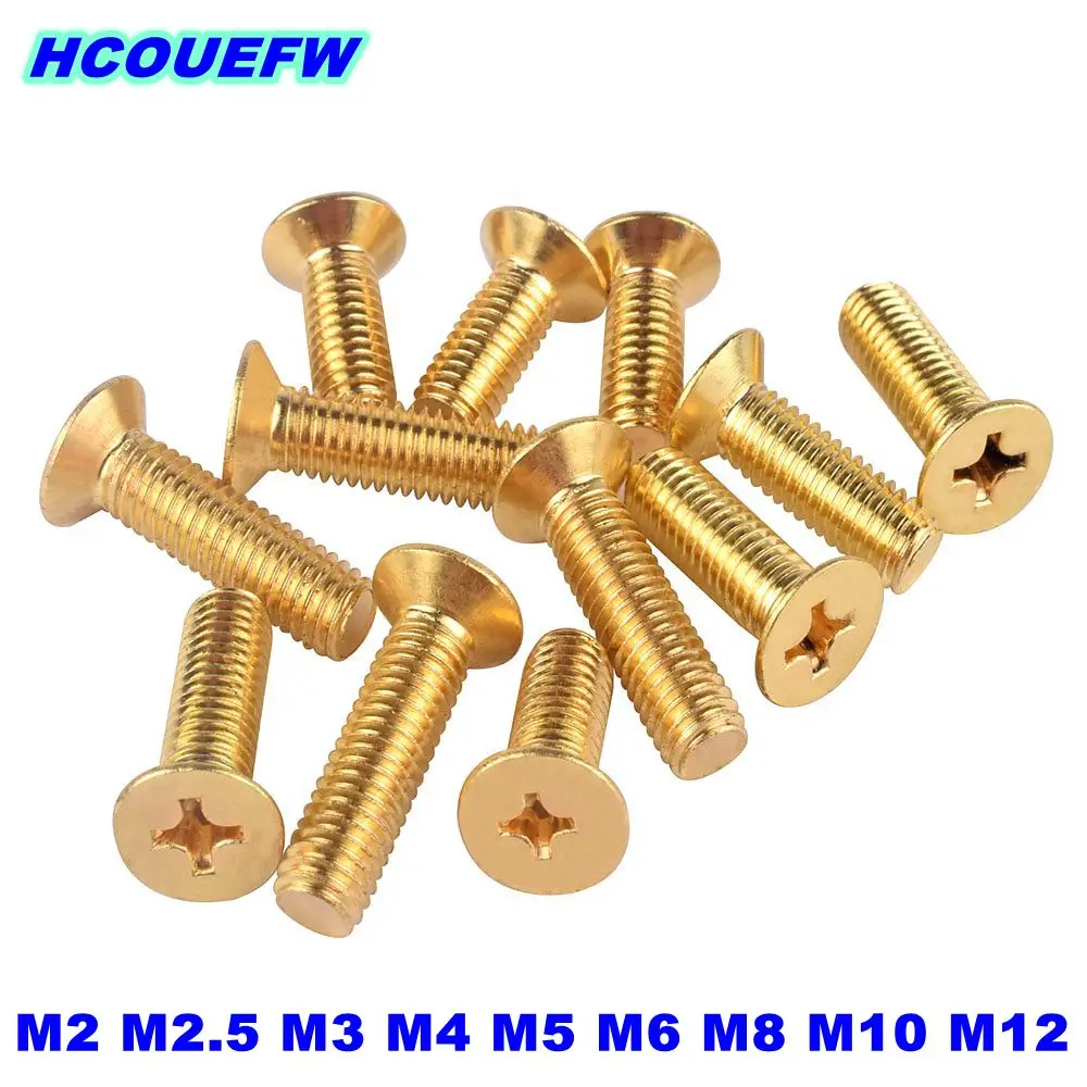 

HCOUEFW 1-50pcs M2 M2.5 M3 M4 M5 M6 M8 M10 M12 Brass Phillips Countersunk Machine Screw Cross Flat Head Recess Bolt GB818