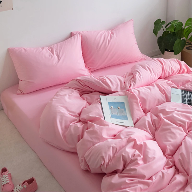 INS Pink Series Duvet Cover set Pillow Case Bed Sheet Solid Color Quilt Covers Boy Kid Teen Girl Bedding Linens Set King Queen