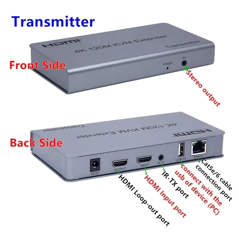 Imagem -05 - Hdmi Kvm Usb Ethernet Extender sobre Cat5e Cabo Transmissor Ethernet Loop Out Controle ir Suporte Teclado Mouse 120m 4k