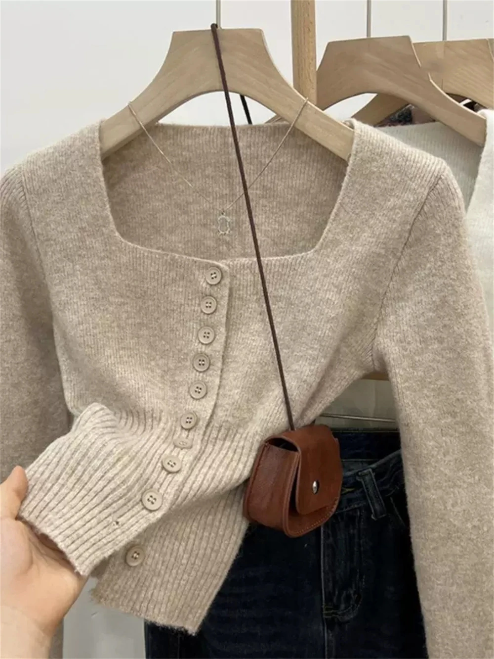 2026 Fashion New Women's Autumn New Simple Square Collar Slim Button-up Top Korean Style Sweater Knitted Cardigan Clothes