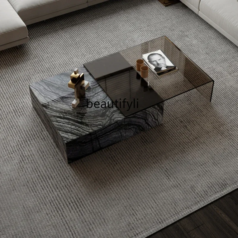 

Marble coffee table tempered glass retractable modern small apartment living room Italian light luxury