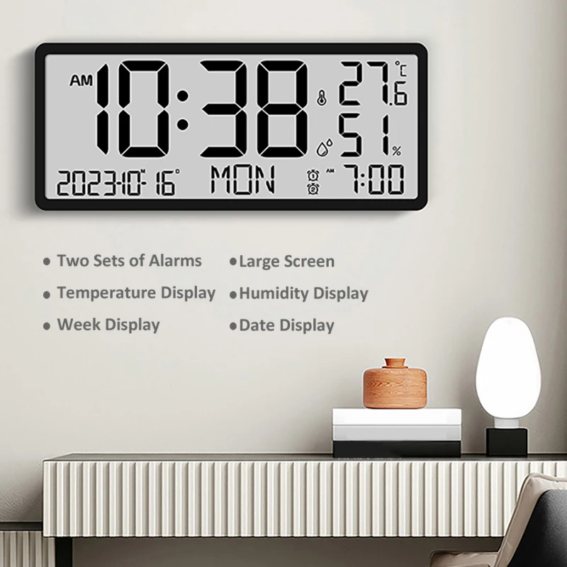 LED Multifunctional Wall Clock Large Screen Digital Temperature Humidity Date Display Sitting Hanging Dual Use Electronic Clock