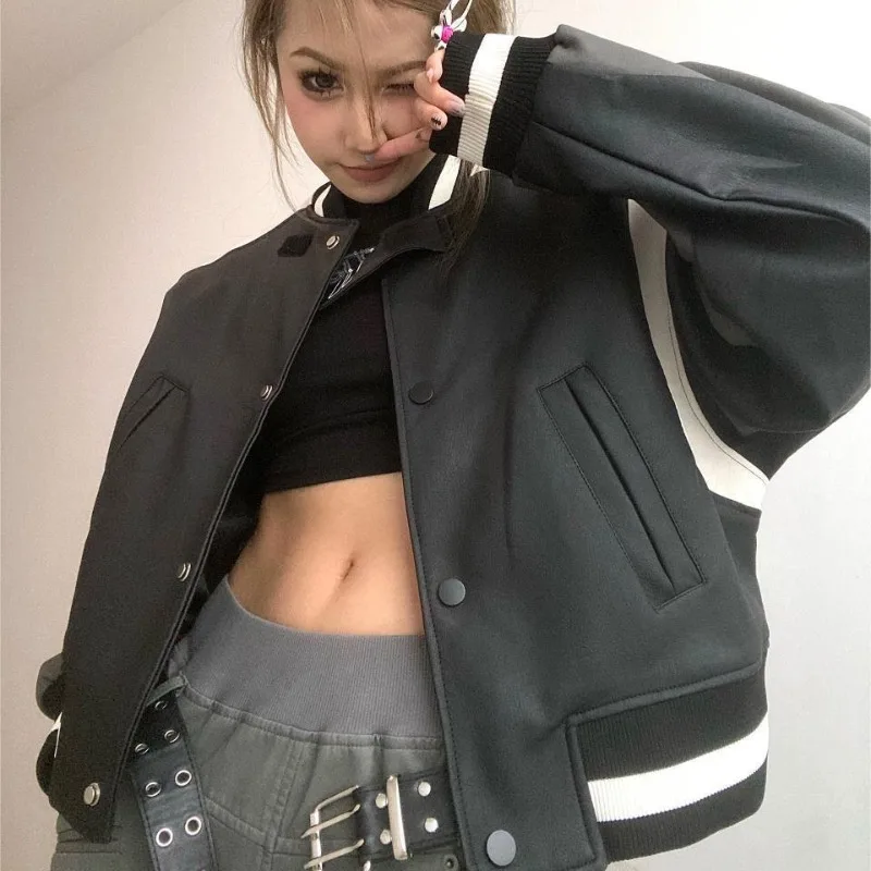 

Deeptown Vintage Crop Bomber Jacket Women Korean Fashion Y2k Streetwear Hippie Baseball Jackets Harajuku Racing Coats Aesthetic