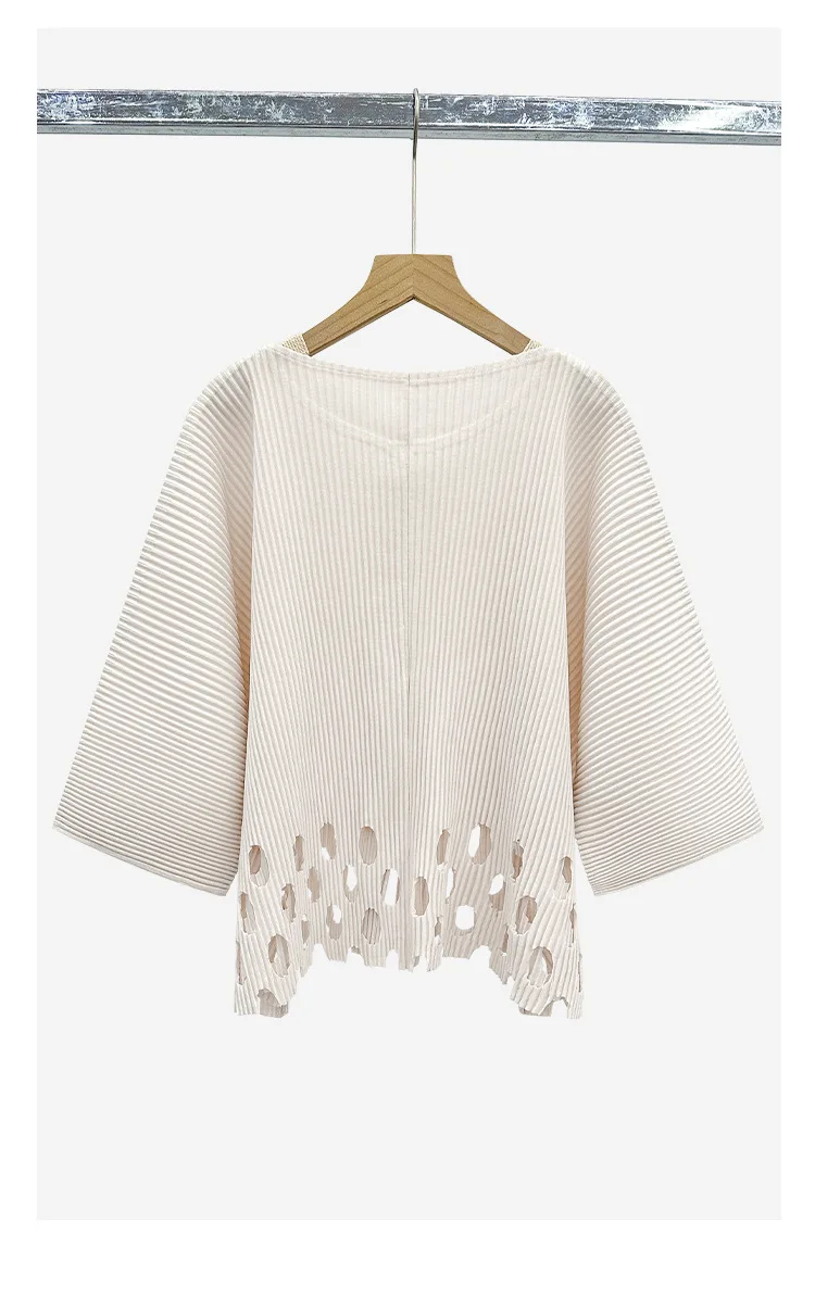 Miyake Plissierter Damen-Cardigan mit Ausschnitten, Einzelknopf, 3/4-Ärmel, Leicht, Locker, Einfarbig, Lässig, Sommer, Damen-Oberbekleidung – Detail 8