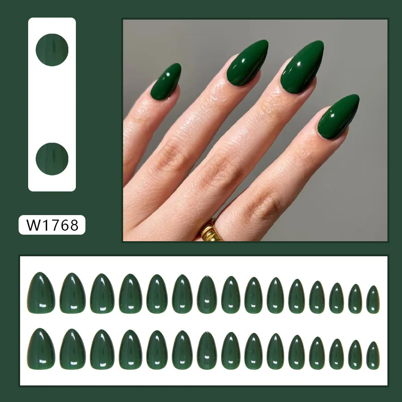 

30Pcs Medium Almond Press on Nails - Deep Green Matte Finish | Minimalist Style with Application Tool