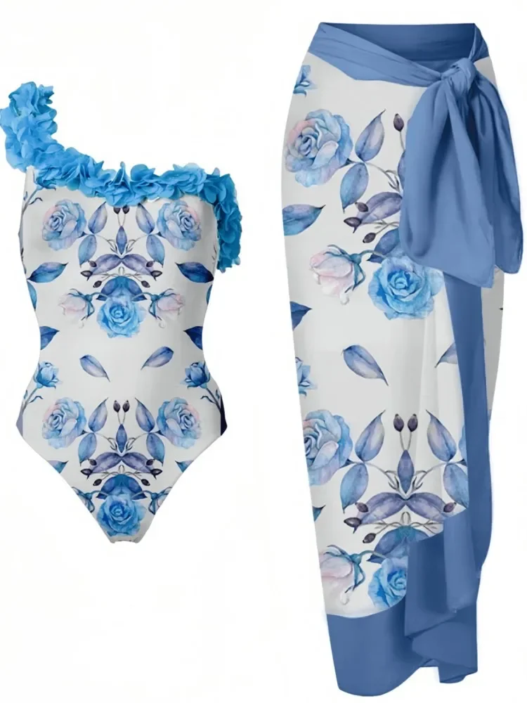 Retro บิกินี่ดอกไม้พิมพ์แฟชั่น One Piece ชุดว่ายน้ําและกระโปรงแน่นผู้หญิงฤดูร้อน Beach Luxury Elegant
