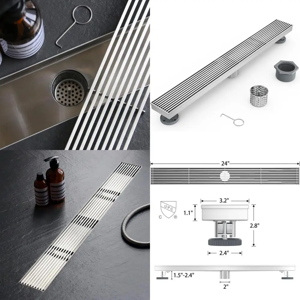 

24 Rectangular Shower Drain with Detachable Wedge Wire Grate in Brushed Nickel, 304 Stainless Steel, CUPC Certified, Hair Strain