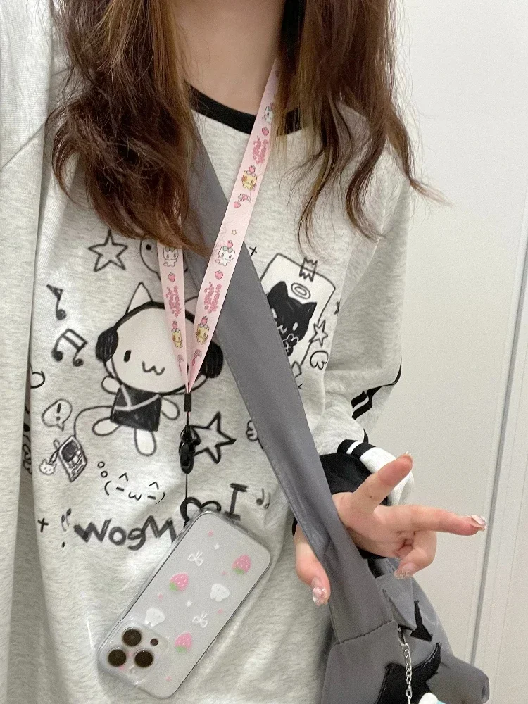 أنيمي طباعة هوديس المرأة Kawaii كيتي طويلة الأكمام البلوز المتضخم الشارع الشهير شريط الخريف الشتاء الملابس #2