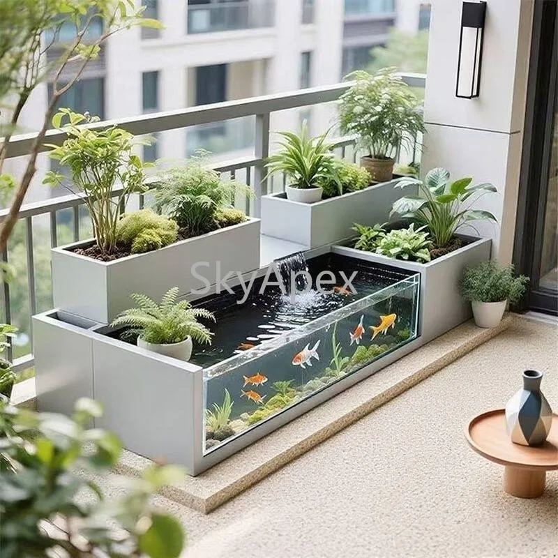 Balcony Creative Flowing Water Fish Tank Flower Box Metal Acrylic Lucky Terrace  Circulating  Fish  Pool  Courtyard  Combination