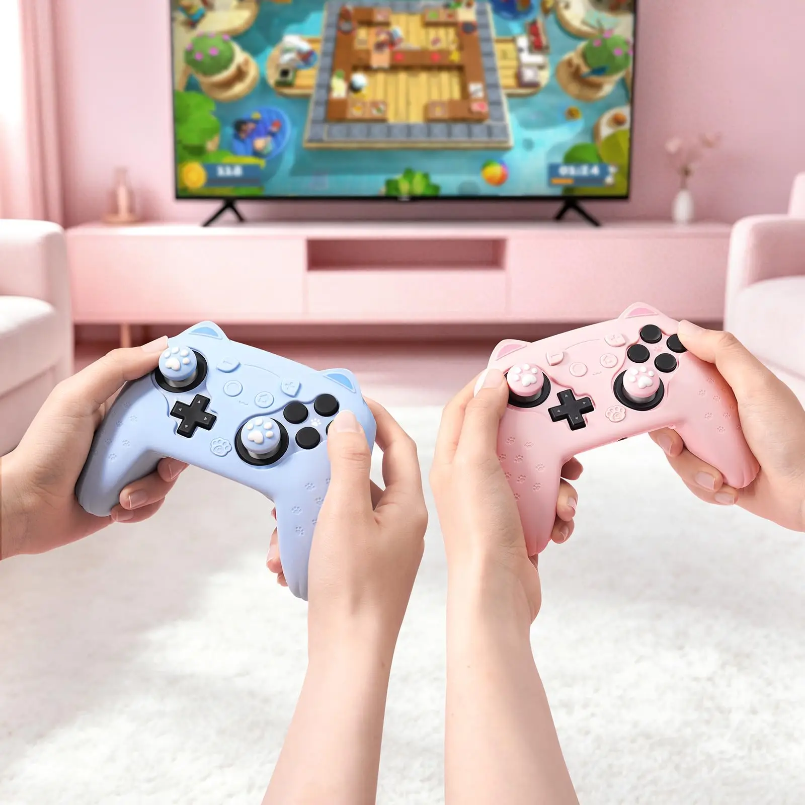 GeekShare Cat Ear & Paw Silicone Cover for Switch 2 Pro Controller – Anti-Slip Protective Case with Kawaii Design (Pink/Blue)