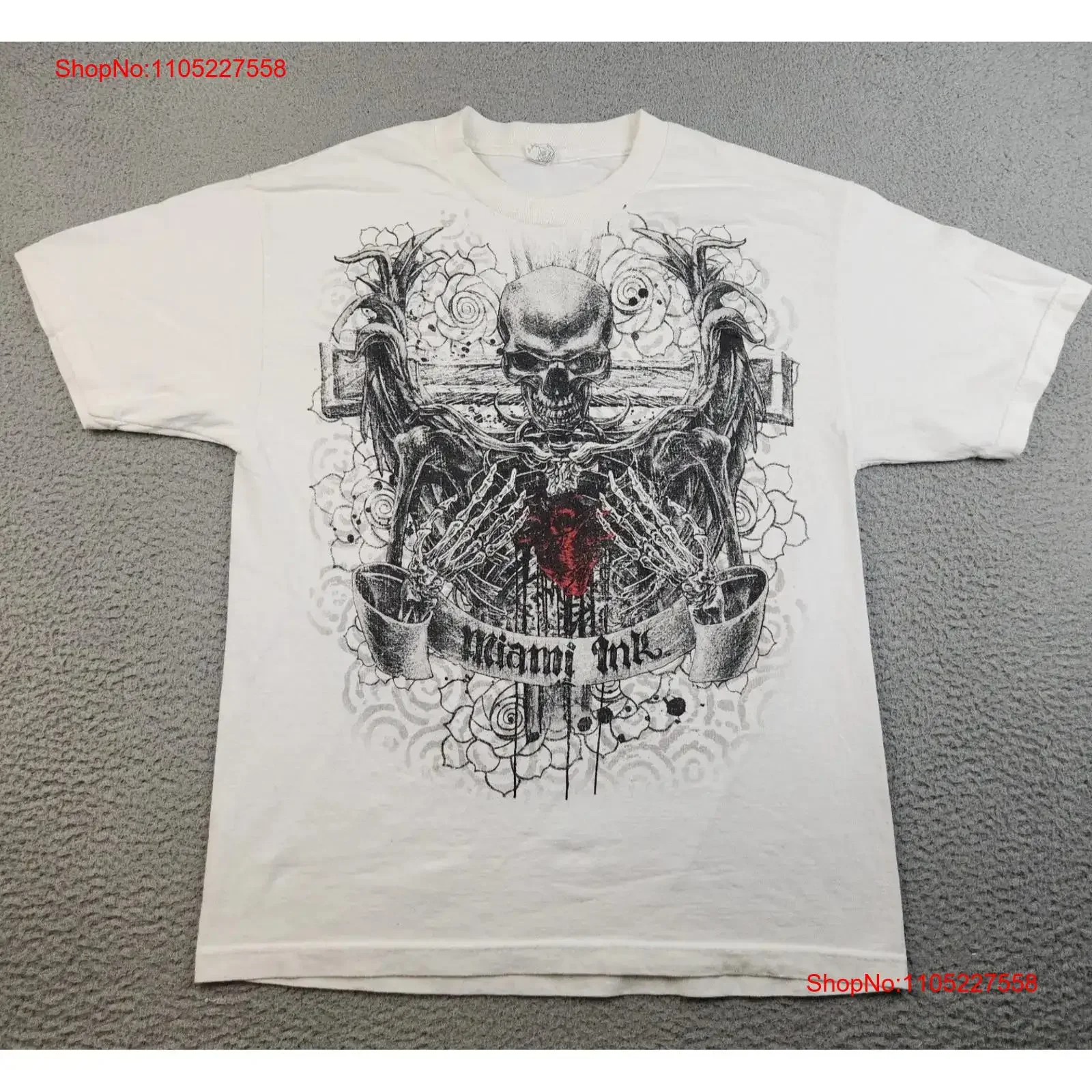 Y2K Miami Ink T Shirt Men's Large Tattoo Reaper Grunge Cross Goth Heart vintage Washed designer clothes Stylish Slightly