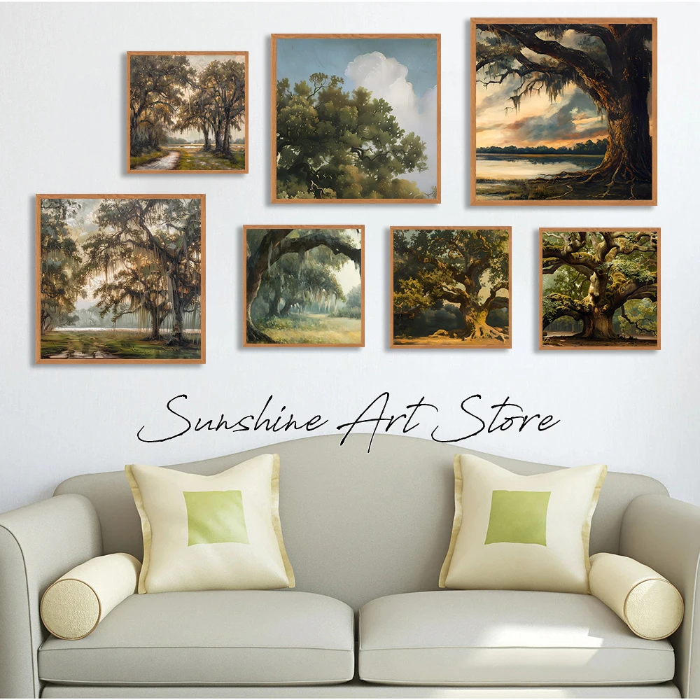 Live Oak Tree Spanish Moss on Oak Tree Botanical Southern Coastal Moody Oak Tree Poster Canvas Painting Wall Pictures Home Decor