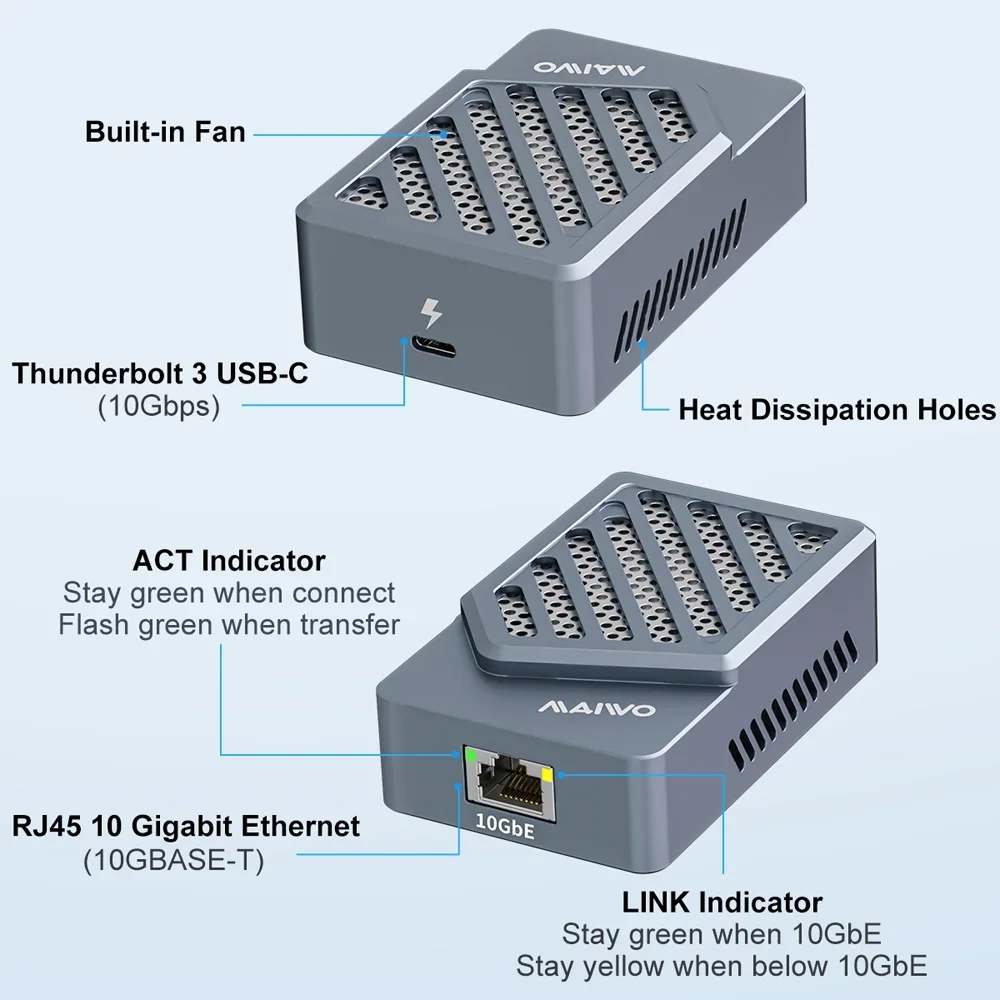 MAIWO ポータブル 10 ギガビット ネットワーク カード Thunderbolt 3 USB 4.0 10Gbps サポート 放熱サイレントで高速データ転送
