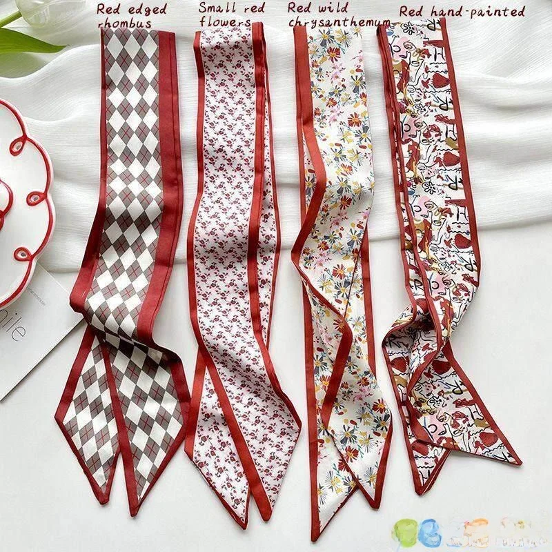 

Элегантный красный шелковый шарф-повязка для волос, длинная тонкая лента для прически, повязка-узелок, пояс-шарф для сумки, для женщин