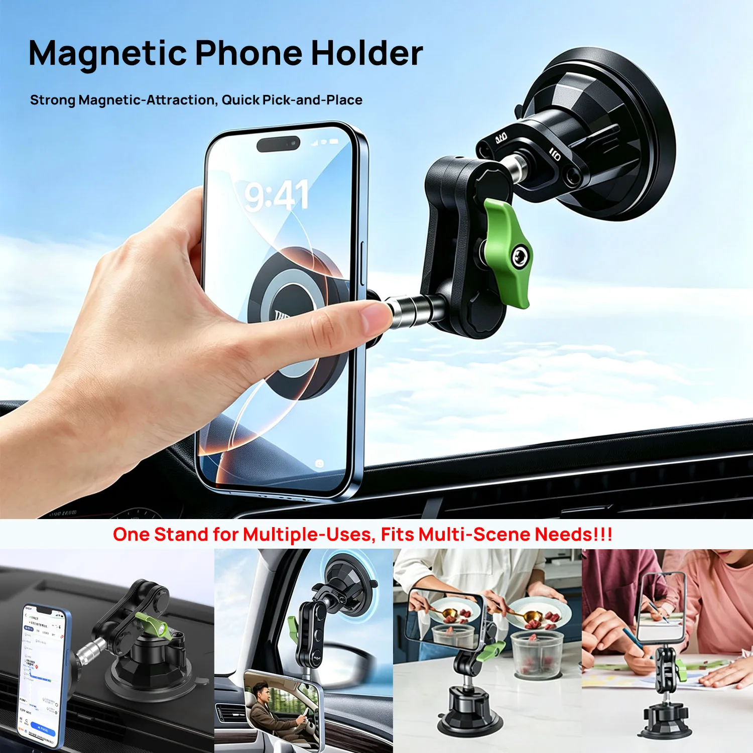 Car Magnetic Phone Holder Strong Sticky Adhesive Suction Cup Dashboard Phone Holder 360 Rotating Anti-Shake for Car/Office/Gym