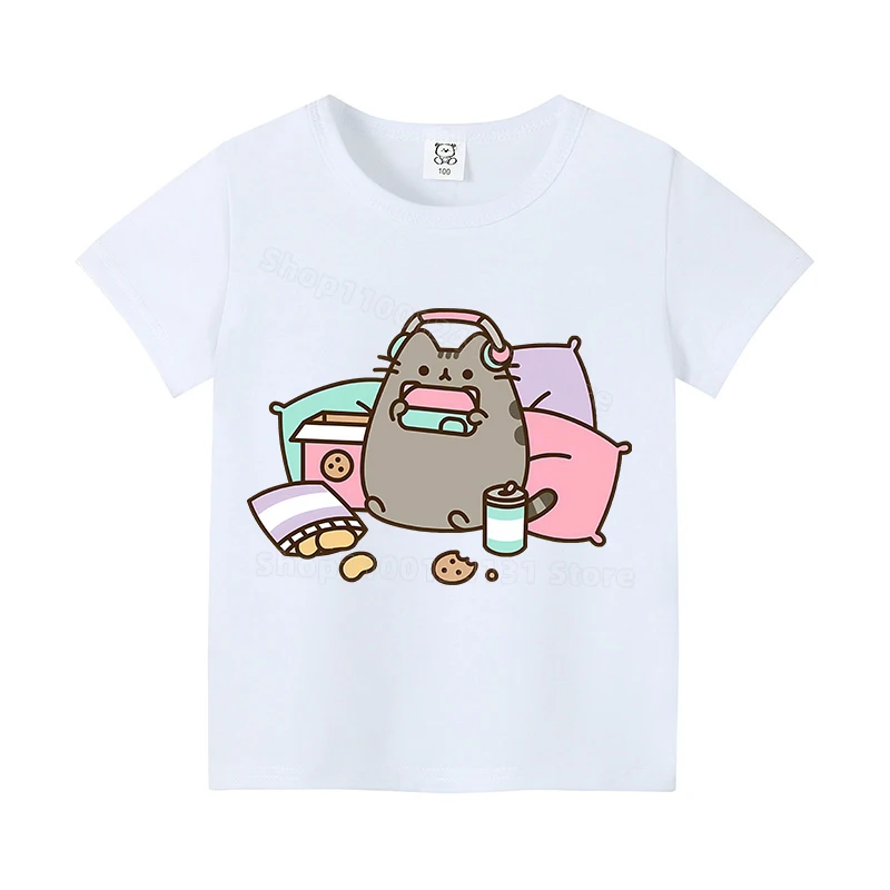 Pusheen Кот Футболка для девочек мальчиков кавайная мультяшная детская одежда хлопковая футболка розовая футболка топы милая аниме одежда детский