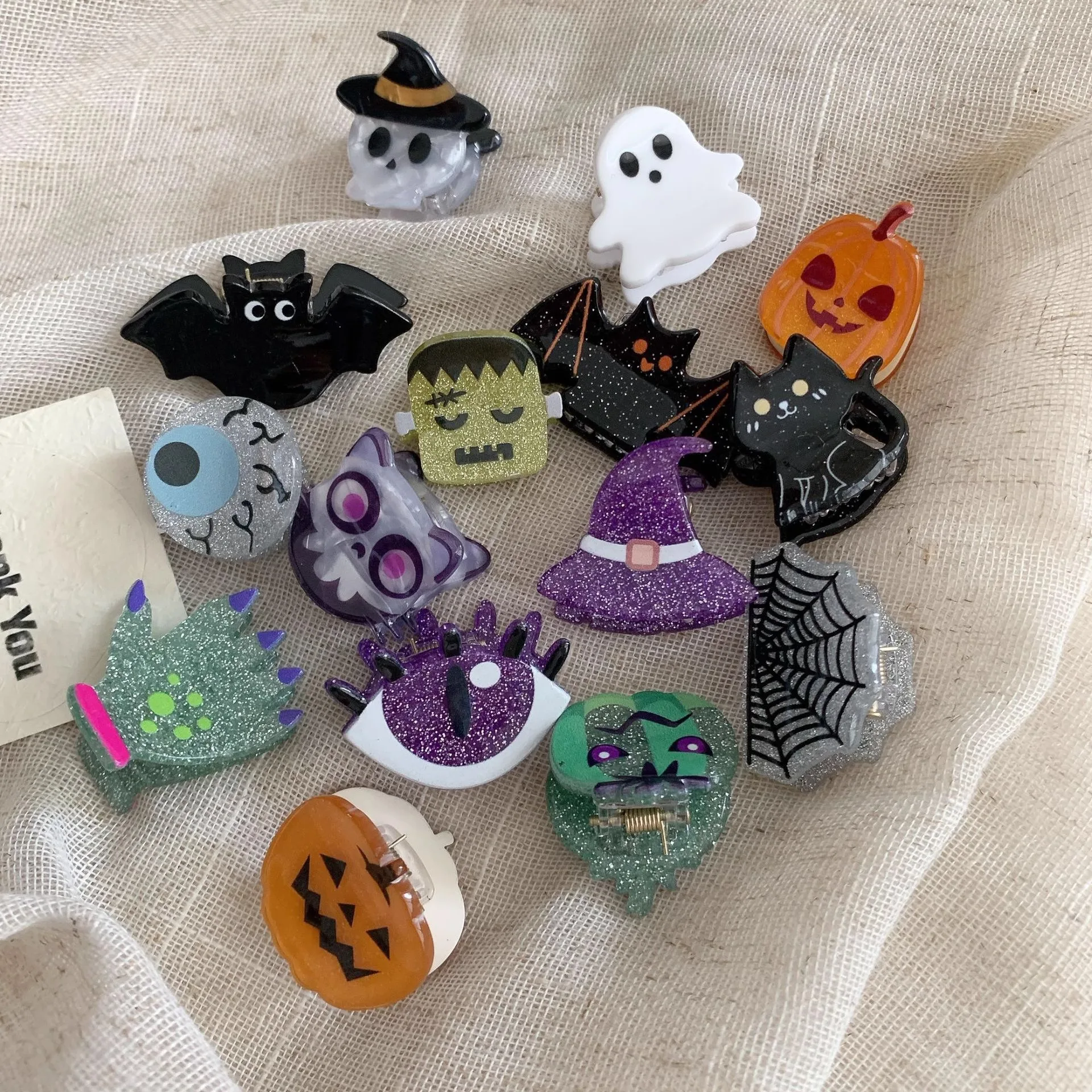 15pcs for One Pack Glitter Acrylic Black Cat Bat Pumpkin Pumpkin Ghost Halloween Holiday Small Hair Clips Jewelry Gifts