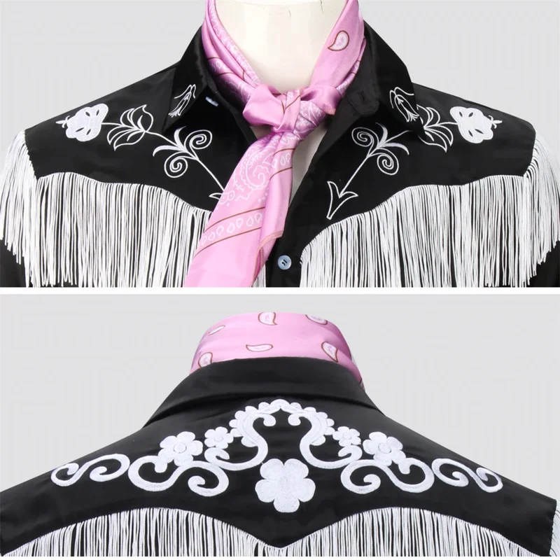 Ken Black Broderie Tassels Shirt for Adult Men, Retro 80s 90 Stage Performance Shirts, Presidence Kerchief, Halloween Cosplay Uniform, PA