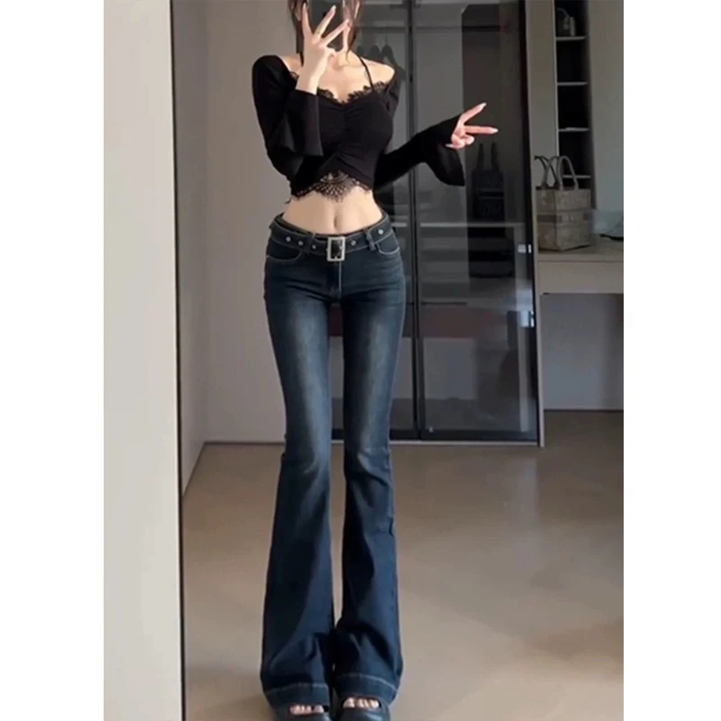Deep Blue High Waist Slimming Micro Flared Denim Jeans Women's 2026 Summer New Style Long Bootcut Pants Straight Leg Jeans