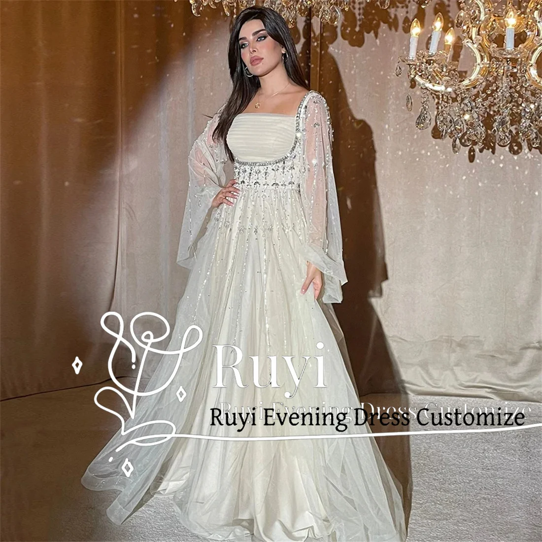 Customized Saudi Tulle A-Line Evening Dress Long Puff Sleeves Square Neck Luxury Stones Crystals Arabic Prom Gown Party