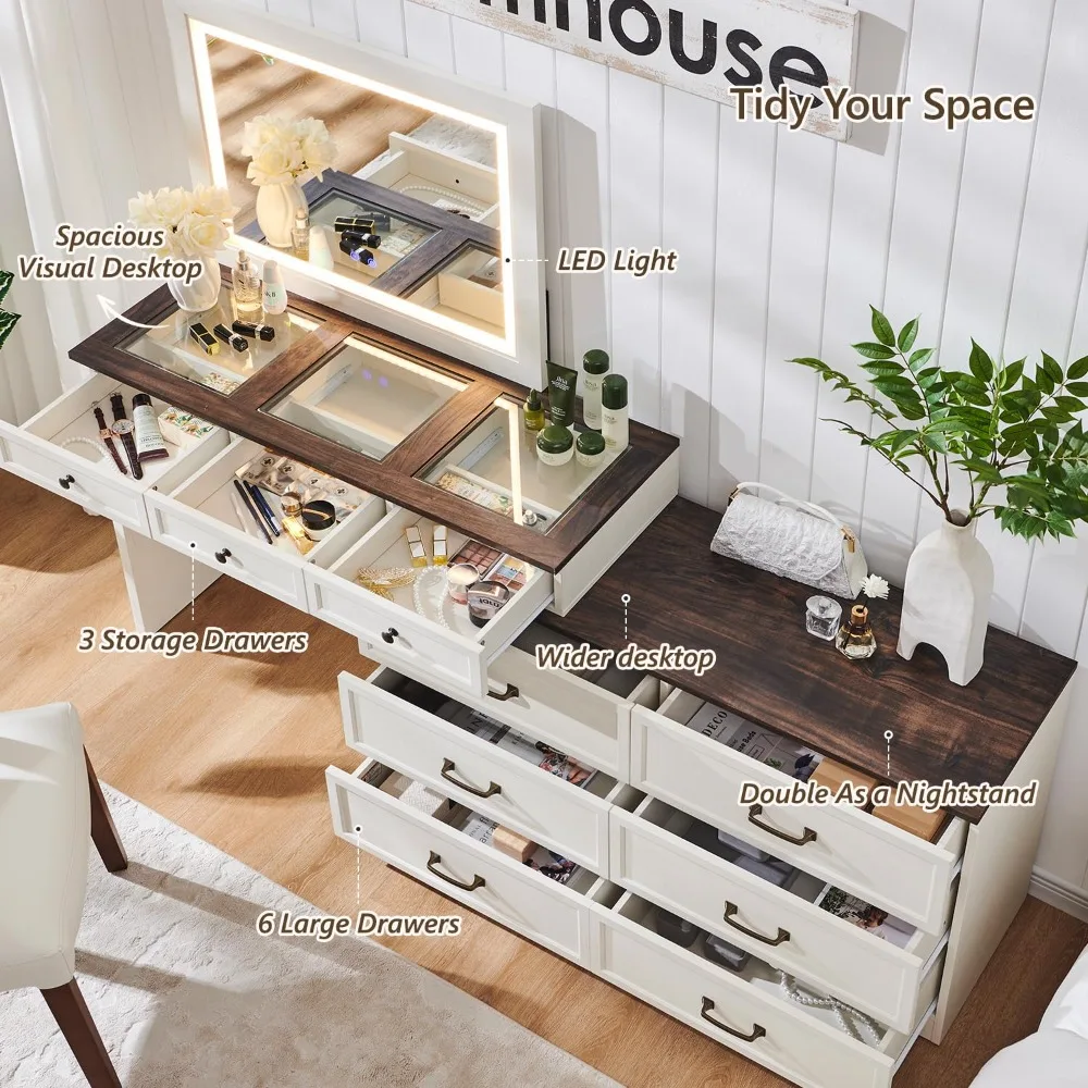

69" W Big Vanity Desk with Glass Top, Farmhouse Makeup Table with 9 Large Storage Drawers, Rustic Wood Bedroom, Customized