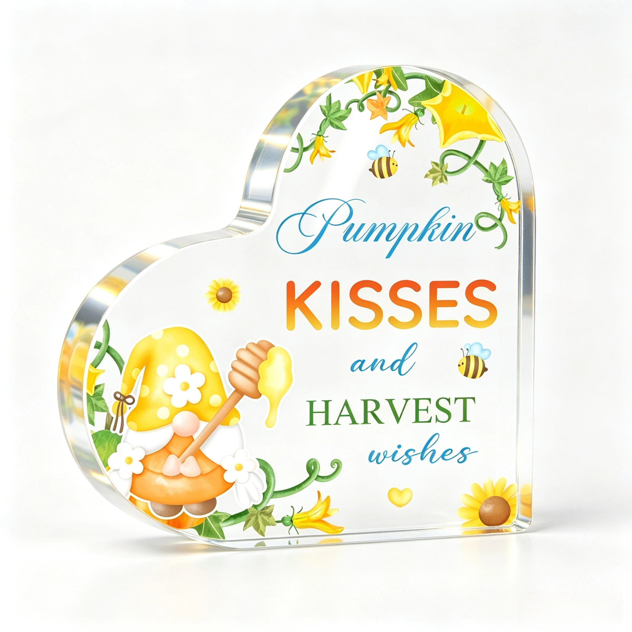 Cute Honey Gnome With Dipper Heart Acrylic Stand, Bee Sunflower Pumpkin Harvest Season Quote Table Ornament