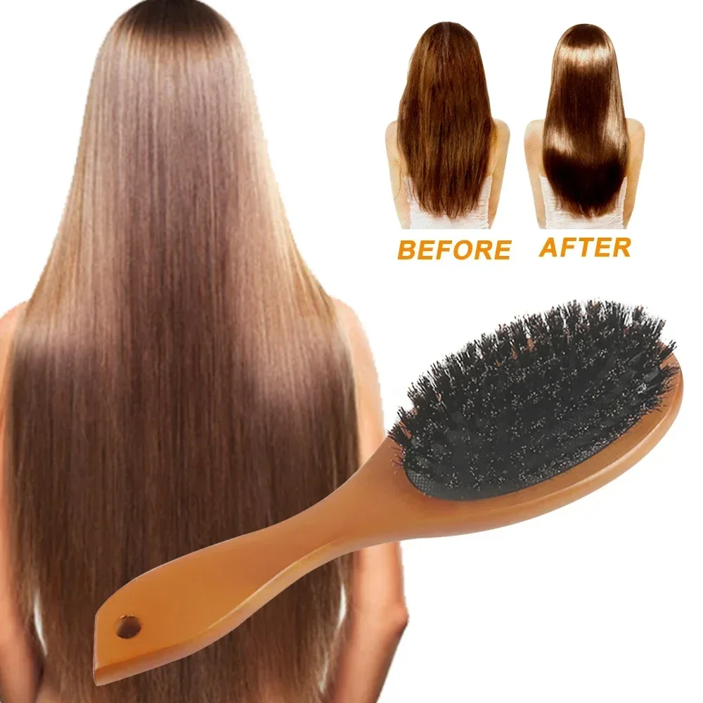 Escova de Cabelo Oval de Madeira com Cerdas Naturais de Javali Antiestática para Pentear e Estilizar Cabelos Femininos