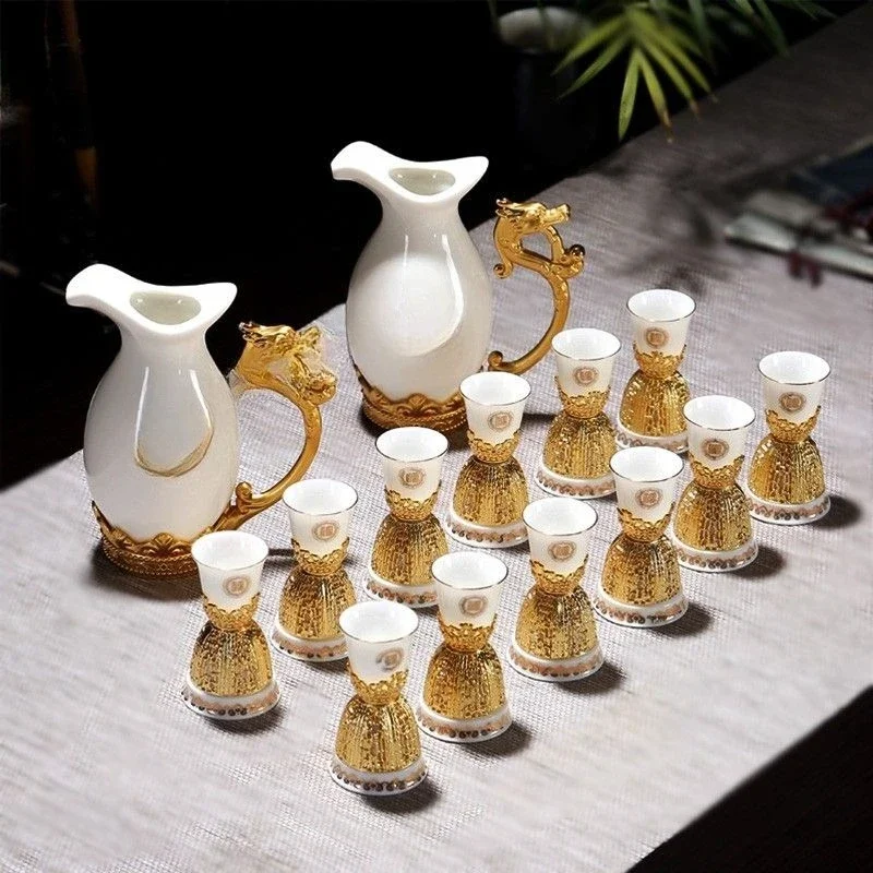Wine set Household ceramic small Baijiu cup Double head golden spirit cup High-end gift box set