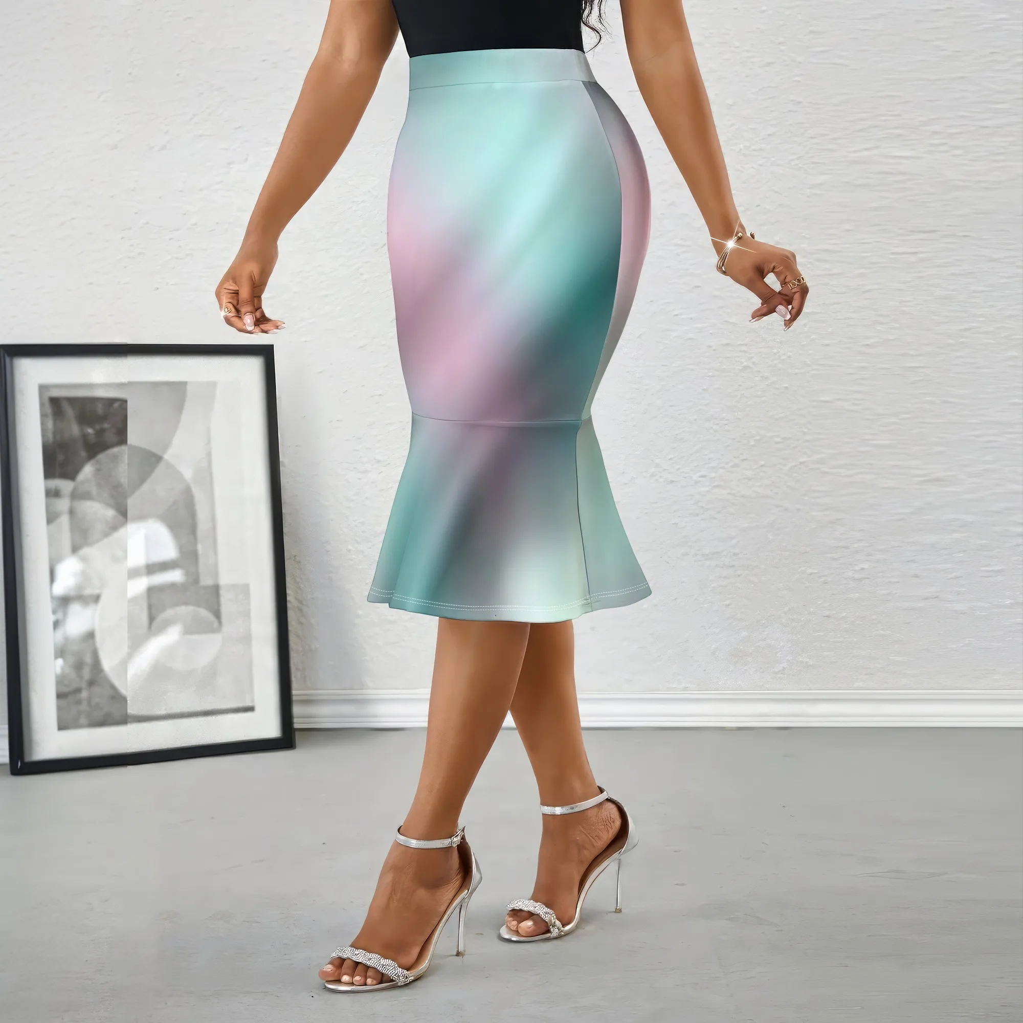 Gradient Skirt, Pastel Colorblock Midi Skirt, Mermaid Hem Pencil Skirt, Soft Fabric Office Party Wear, S-2XL