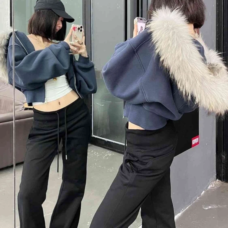 Deeptown Vintage Fur Collar Zipper Hoodies Women Harajuku Fashion Crop Hooded Sweatshirt Korean Style Casual High Street Hoodies