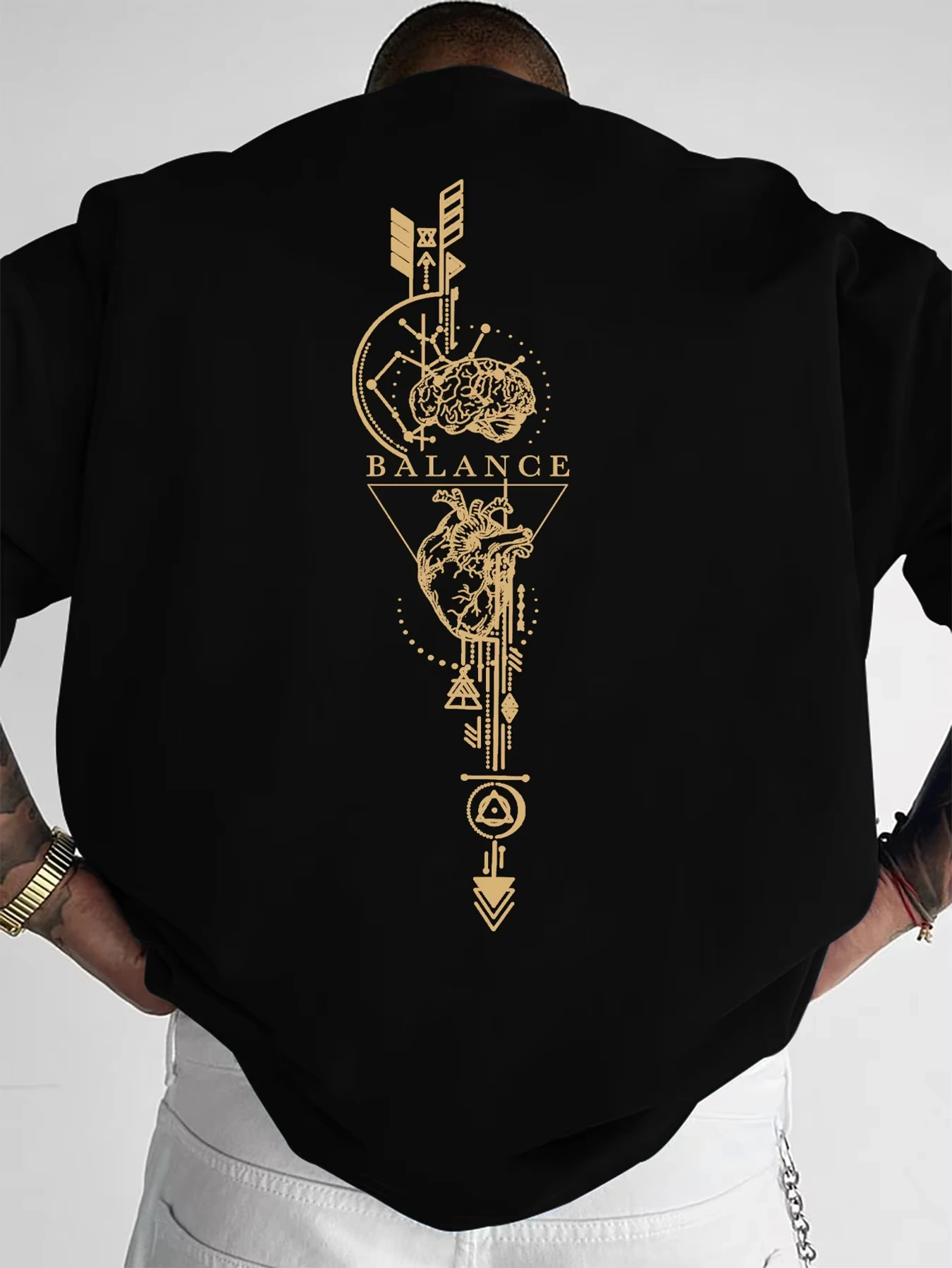 Unisex Balance Brain Heart Back Print T‑shirt Golden Mystical Symbol Graphic Casual Short Sleeve Crew Neck Streetwear Tee