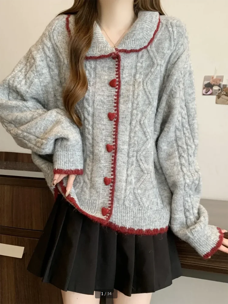 New Autumn Spring Retro Love Buckle Knitt Sweater Women's Outer Wear Lazy Style Doll Collar Twist Sweater Loose Sweater Jacket